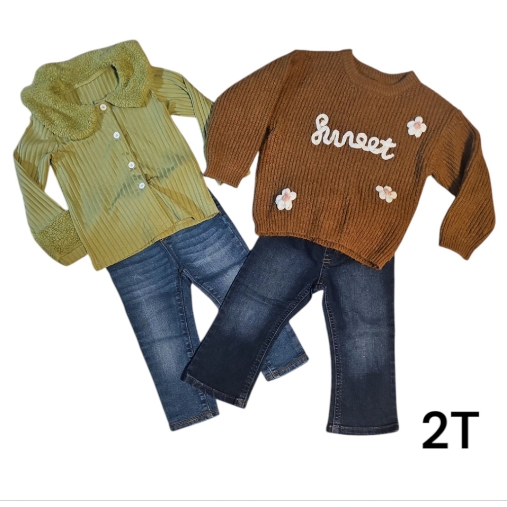 Girl's 2T' Green and Brown Sweater Set